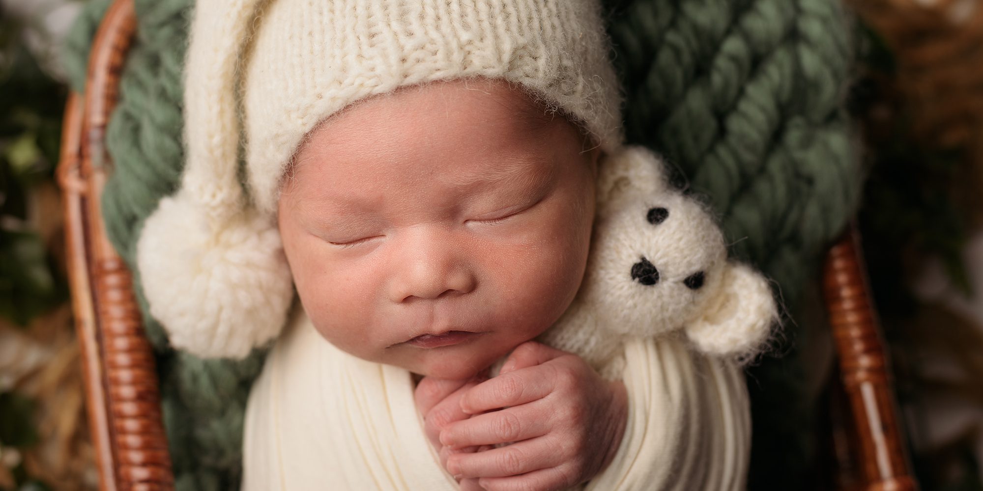 Sleeping Newborn baby boy in a basket with a teddy bear in Oakville